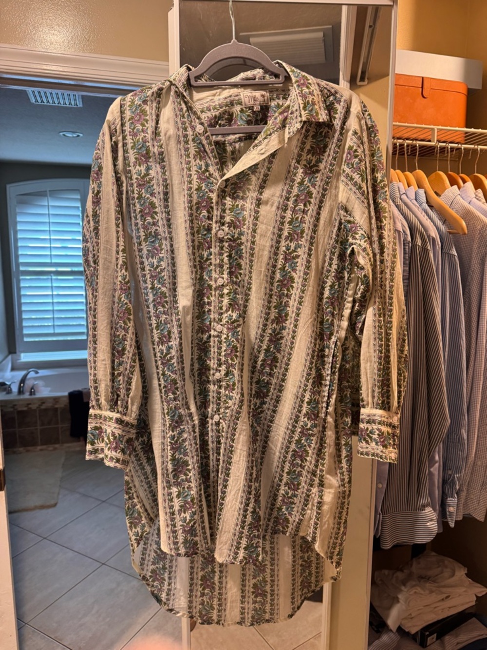 Long Sleeve Floral Stripe Shirt Dress in Cream and Green